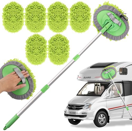 LOPYXBR Autowaschbürste 2 in 1 Autowaschbürste mit Stiel 118 cm Teleskop Mikrofaser Auto Waschbürste mit Teleskopstiel 180° Drehung Waschbürste Auto mit 5 Ersatz Moppkopf für Auto RV Trucks Wohnmobil
