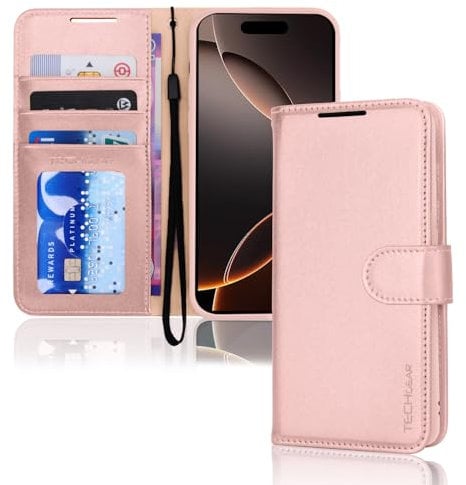 TECHGEAR iPhone 16 Pro Leather Wallet Case, Protective Flip Case Cover [RFID BLOCKING] Wallet Card Holder, Stand & Wrist Strap - Pink PU Leather with Magnetic Closure Designed for iPhone 16 Pro 6.3