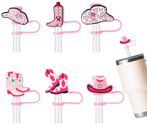 6pcs Pink Cowgirl Straw Toppers for Stanley Cup Tips 30 oz 40 oz, Cowgirl Boots and Hats Straw Lids Plugs Stopper Reusable Straw Cover Caps Accessories Gifts