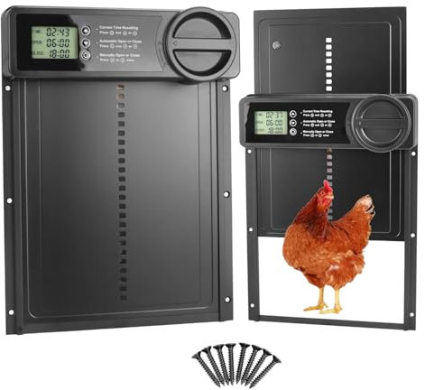 QWORK® Porta Automatica Pollaio, Porta Pollaio in Lega Alluminio con Timer, Schermo LCD, Avviso di Batteria Scarica