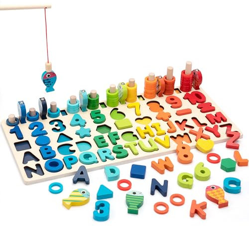 Holzpuzzle Magnetisches Angelspiel Montessori Spielzeug für Kinder 4 5 6 Jahre, Holz Zahlen und Alphabets Vorschul-Lernaktivitäten für Geburtstagsgeschenke, Familienspiel