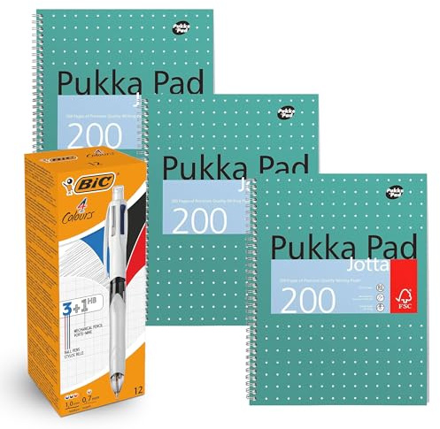 BIC 4 Colours Pen with 3 pen & 1 HB Pencil Lead Medium Point Tip Pack of 12 & Pukka Pad A4 Metallic Jotta 3 Pack Wirebound Notebook 8mm Lines 80GSM Paper for Students and Creative Projects