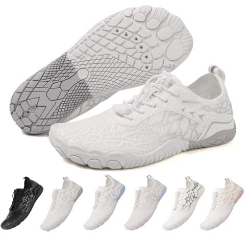 ZEPYFXIT Zapatos de Agua Mujer Hombre Secado Rápido Calzado Descalzos Ligeras Flexibles Barefoot Zapatillas de Deportes Transpirable Piscina Playa(Blanco Gris,39 EU)