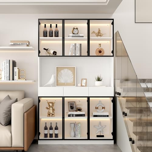 Kebnor Armario de cristal con puerta de 200 cm de alto, armario de vitrina blanco con luces LED, estantería de almacenamiento múltiple para colección, dormitorio, salón, oficina, blanco, marco de