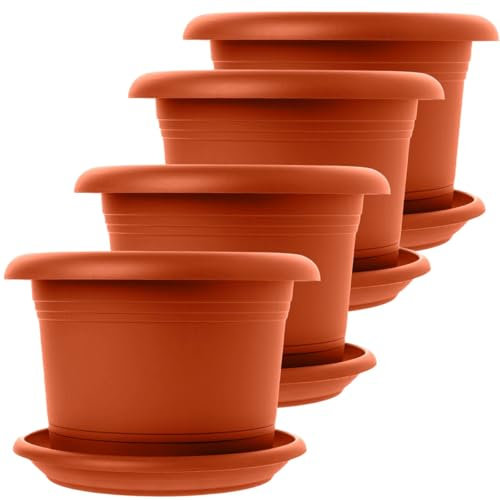SUSTANIA Lot de 4 grands pots de fleurs d'extérieur en terre cuite - Diamètre : 30 cm - Avec soucoupe - Grand pot de fleurs extérieur - Résistant aux intempéries - Fabriqué en Allemagne