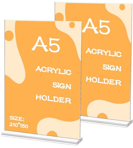 2 Stück Tischaufsteller A5, Preisschilder Aufsteller Tischständer Acryl T-Ständer Doppelseitiger Vertikaler Tischaufsteller Ständer für Restaurants, Cafés, Büros, Prospekte, Menükarte (21 x 14,8cm)