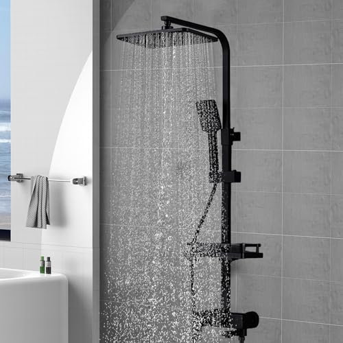 Colonne de Douche, Colonne de Douche Thermostatique Hauteur Réglable 85-125cm, Ensemble de Douche pour Salle de Bain, Carré, Panneau de Douche en Acier Inoxydable (Trois modes de sortie d'eau Noir)