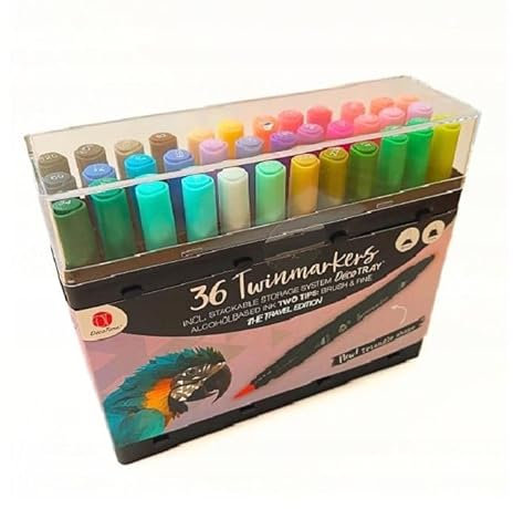 Decotime Twin Alcohol Markers with Storage Tray - 36 Dual-Tip Colouring Permanent Marker Pens, Adults Art & Crafts - Quick-Dry Artist-Grade Markers, Fine & Brush Tips for Drawing, Blending