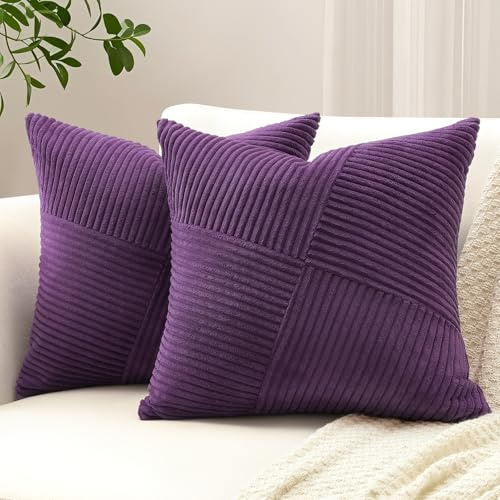 Sungeek 2er Set Cord Kissenbezüge, Windmühle Streifen Muster Kordsamt Kissenbezug Dekokissen Sofakissen Patchwork Design Deko Zierkissenbezüge Kissenhülle für Wohnzimmer (40x40cm, Violett)