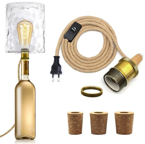 Adaptateur Bouteille pour Douille de Lampe, 240CM Corde de Chanvre Câble, Douille E27, Support Ampoule Bouteille, 3 Bouchons en Bois, Kit Lampe Bouteille pour Différent Bouteille, Bronze Couleur