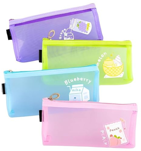 lomdung 4 Stück Transparentes Federmäppchen, Mesh Reißverschluss Beutel, Organizer Nylon Duschhandtaschen Tragbares, Kosmetik Aufbewahrungsbeutel, für Students Adults SchulBürobedarf