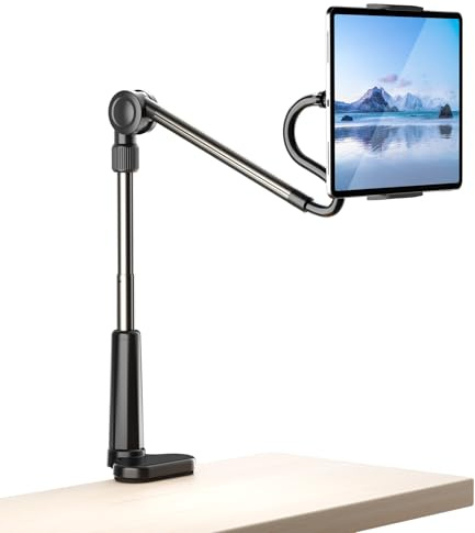 Locthal Desk Tablet Holder for iPad Pro, No Stiff Easy Adjust Arm Phone and Tablet Stand for Bed, Ereader Accessories Compatible with Kindle iPhone, iPad Pro/Mini/Air, Smartphones