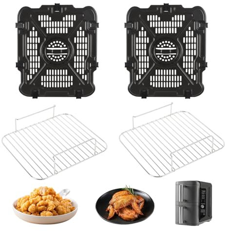 Air Fryer Wire Rack for Ninja SL401 DoubleStack XL 2 Basket air Fryer,2 PCS Air Fryer Grill Pan with 2 Grill 8 Rubber Bumper Stainless Steel Air Fryer Accessories Air Fryer Replacement Parts Rack Tray