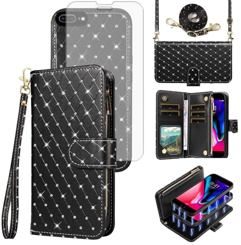 Compatible with iPhone 7plus 8plus 7/8 Plus Wallet Case Zipper Cell Screen Protector Crossbody Lanyard Strap Bling Glitter Flip Phone Cover for i Phone7s 7s + 7+ 8s 8+ Phones8 7p 8p Women Black