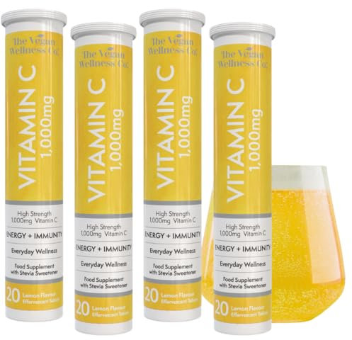 1000mg High Strength Vitamin C, The Vegan Wellness Co. for Energy + Immunity, 80 Effervescent Tablets - Lemon Flavour Immune Booster