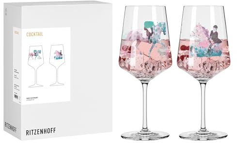 RITZENHOFF 8084008 Cocktail-Glas 500 ml, 2er Set, Serie Reitgold - 2 Stück mit Motiv Pferd und Reiter, bunt - Made in Germany