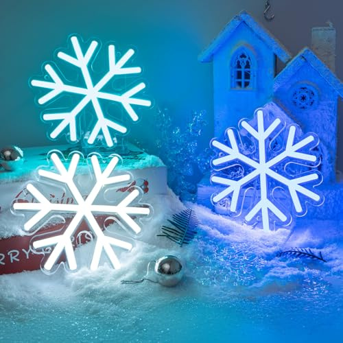 NYXEN Weihnachts Neon Schild Schneeflocken Neon Lampe 3er Set LED Fensterlicht mit Blinkfunktion in Weiss Eisblau Weihnachtsbeleuchtung für Fenster Wohnzimmer Büro Laden Dekoration