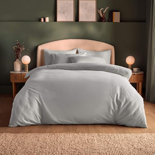 Silentnight Brushed Cotton Duvet Set - Soft Velvety Touch 100% Cotton - Cosy Warmth Feel Breathable Lightly Brushed Hypoallergenic - Button Fastening Duvet Cover + Pillowcase Bed Set, Silver, King