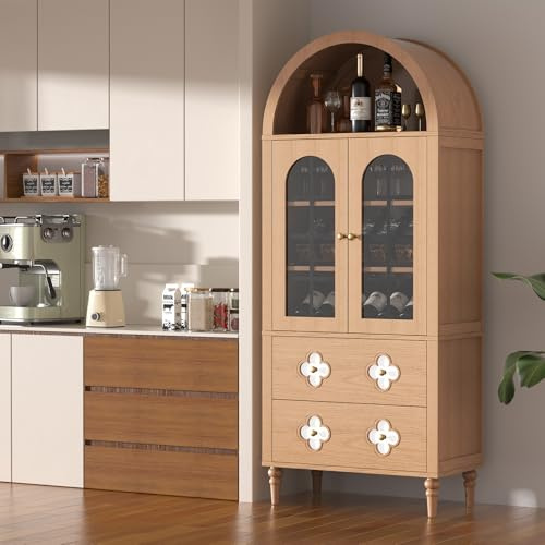 Meulbaty 180 cm Gewölbter Vitrine mit Schublade, gewölbte Schränke mit Glastüren und Regalen für Wohnzimmer, Küche und Schlafzimmer, Montage erforderlich (Naturholzfarbe)