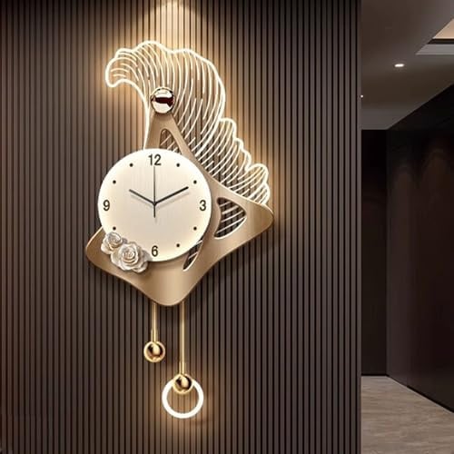 HOLGVE Beleuchtete 3D-Wandkunst mit Uhr, Beleuchtetes Pfauen-Wandbild mit LED-Beleuchtung, 3D-Wandbild Netzanschluss für Zuhause, Restaurant Und Hotel(Gold-4,15.7x33.8in/40x86cm)