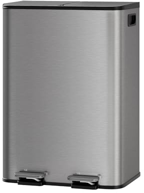 Euker Metall Mülleimer Küche 2-fach, 60L Mülltrennsystem mit 2 Fußpedalen & Soft-Close, 2 x 30L Inneneimer, seitlichen Griffen – Hygienische Abfalltrennung für Bio, Rest & Recycling, Mattgrau