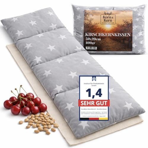 KORN&KERN Manufaktur Cojín térmico de huesos de cereza, 20 x 50 cm, 800 g, apto para microondas, cojín térmico natural con huesos de cereza, diseño de estrellas, alternativa a botellas de agua