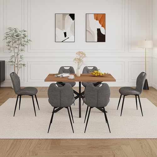 DEYARNA HOME Essgruppe Set Tisch und Stühle, Rechteckiger Esstisch (140 cm) mit 6 Esszimmerstühlen aus Leinenstoff und Griff für Küche, Esszimmer (Dunkles Holzdekor+6*stühle (Dunkelgrau))