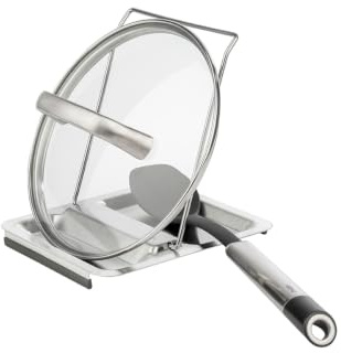 GEFU Deckel- & Löffelhalter Parko - Edelstahl Topfdeckelständer & Ablage | Passend für Deckel Ø 16-32 cm, integrierte Tropfmulden, rutschhemmendes Silikon, platzsparend & spülmaschinengeeignet