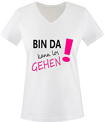 Comedy Shirts - Bin da kann los gehen! - Damen V-Neck T-Shirt - Weiss/Schwarz-Pink Gr. M