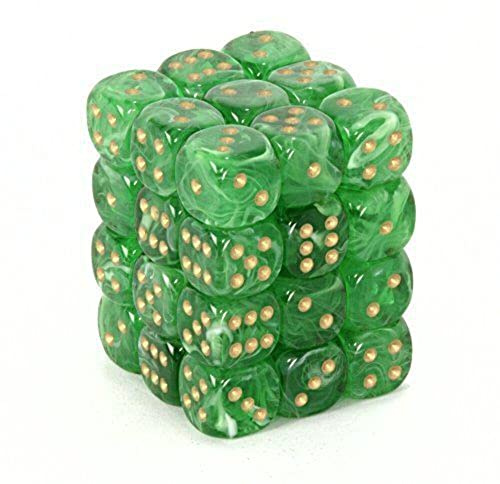 Chessex Signature 12mm d6 with pips Dice Blocks (36 Dice) - Vortex Green w/Gold