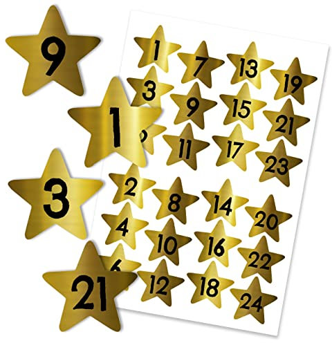 Papierdrachen 24 Adventskalender Zahlenaufkleber - Sterne auf Goldfolie Nr 54 - Sticker - zum Basteln und Dekorieren…