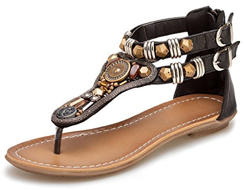 iCKER Women's Flat Sandals Ladies Thong Flat Sandals Bohemian Beaded Strap Sandals Diamante Rhinestone Leather Sandals, 6UK(label size 40), Black-1