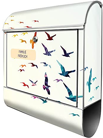 banjado® Design Briefkasten personalisiert Motiv Fliegende Vögel 39x47x14cm & 2 Schlüssel - Briefkasten Stahl Silber Zeitungsfach pulverbeschichtet - Postkasten A4 Einwurf inkl. Montagematerial