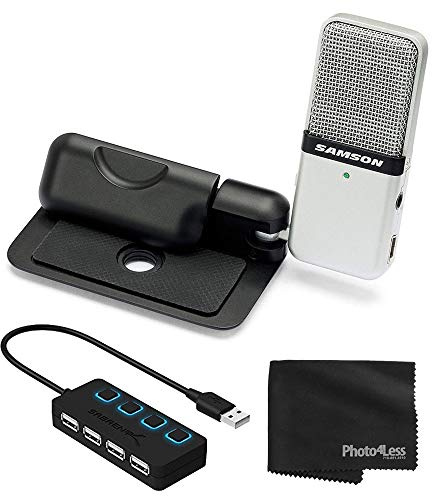 Samson Go Mic Portable Clip-on USB Condenser Microphone (Titanium)- USB 2.0 Hub with Individual LED lit Power Switches + Cleaning Cloth – Deluxe Bundle Great for Podcasting and Field Recording