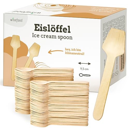 wiseware Lot de 100 cuillères à glace en bois jetables 9,5 cm - Cuillères à dessert biodégradables - Naturelles, stables, respectueuses de l'environnement - Mini cuillères pour coupes à glace