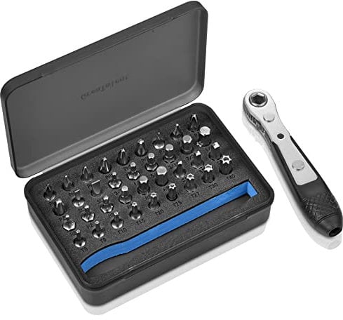 GreaTalent 37pc Mini Ratchet Wrench Screwdriver Bit Set with 1/4 inch S2 Steel Bits, 36-Tooth, Magnetic Bit Holder Quick Release, Low Profile 90 Degree Right Angle Offset Reversible Drive Handle