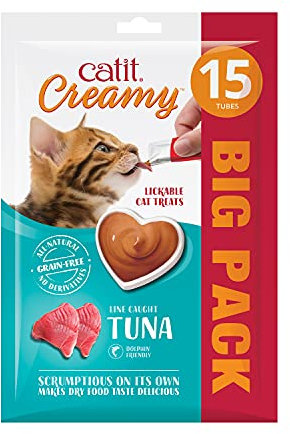 Catit Creamy Tuna Lickable Cat Treats for Cats and Kittens, Cat Treat Licky Snack, Grain-Free Lick Treat, 15 x 10g Multipack