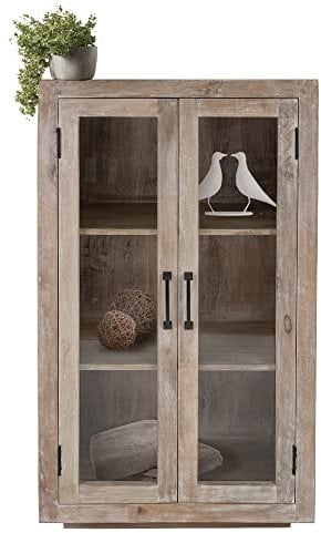 WOMO-DESIGN Vitrine Mailand Shabby Chic 71x110x37 cm Weiß-Natur Mangoholz Massiv Glasvitrine 2 Türen/3 Ebenen Vintage Stil Unikat handgefertigt Vitrinenschrank Sammelvitrine Sideboard Kommode Schrank