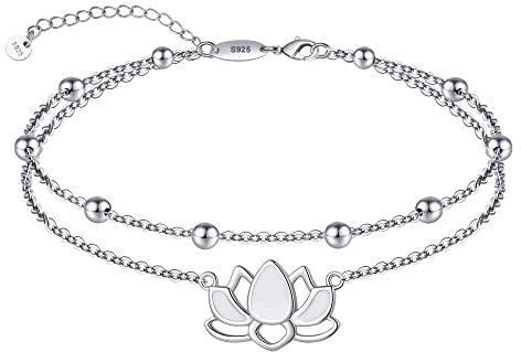 Fußkettchen Armbänder für Frauen 925 Sterling Silber Lotus Blume Yoga Fußkettchen für Frauen Keltischer Knoten Wasserdicht Geschichtete Perlen Fußkettchen Verstellbare Kette Fußkettchen