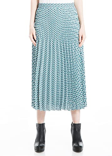 Max Studio Damen plissierter Midirock Rock, Marineblau/Blaugrün Retro Pipe Geo, Mittel