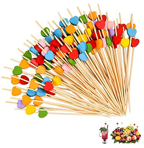 MNBY Pique Aperitif 100 Pièces Bâtonnets Cocktail Pic Brochette Bois Multicolore Coeur Bâtonnets à Cocktail Pour Apéritifs Gâteaux Desserts Fruits Boissons Pour La Maison Les Fêtes