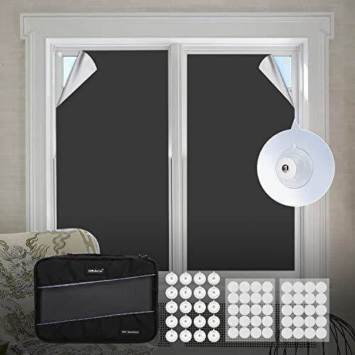 OBdeco Tragbare 100% Verdunkelung Verdunkelungsrollo Reise-Verdunkelungsvorhänge,Oeko-TEX Standard 100,einfach anzubringen,Passend für Fenster jeder Größe und Form (Schwarz, 145 x 300 cm)