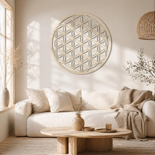 K&L Wall Art Großes Boho Wandbild Blume des Lebens Holzbild Lebensblume runde Wanddeko Holz modern Feng Shui Deko Pappel 70cm