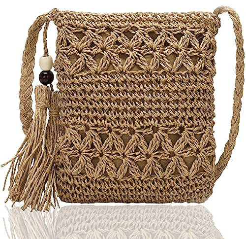 XiXiRan Sac en Paille Tissu, Femme, Plage, Sac Bandouliere en Crochet, Petit Sac Osier D'été Effet Raphia avec Bandoulière Réglable