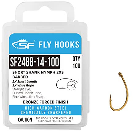 SF Kurzschaft-Nymphenhaken, ultra-scharf, Mikro-Widerhaken, 3xbreiter Körper, Bronze, geschmiedet für Garnelen, Caddis, Welpen, Nymphen, Mayfly, Midge, mit Mini-Aufbewahrungsbox #16, 100 Stück
