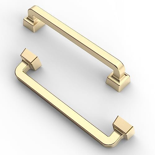 FURNIWARE Cabinet Handles,10 Pack Satin Brushed Brass Hardware Drawer Pulls,Zinc Alloy Kitchen Cabinet Door Handles Pull,128mm(5 Inch) Hole Center