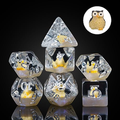 Cusdie 7-teiliges DND-Würfel-Set, polyedrisches Würfel-Set, gefüllt mit Tieren, für Rollenspiele, Dungeons and Dragons, D&D-Würfel, MTG Pathfinder (Eule)