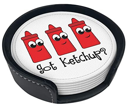 Got Ketchup-Getränkeuntersetzer mit Halter, Set mit 6 runden Pu-Leder-Bechermatten, Tischschutzmatte für Zuhause, Küche, Büro, Dekoration