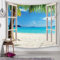 Wandteppich Blau Grün, Mee Strand Palme Natur Landschaft Wandbehang, für Schlafzimmer, Wohnzimmer (Blau Weiß, 240x220cm)