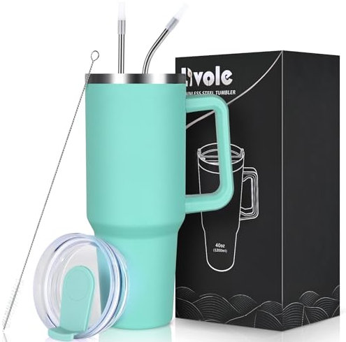 Livole 40oz 1200ml Edelstahl Thermobecher mit Griff, Trinkbecher mit Deckel und Strohhalm, Auslaufsichere Isolierter Coffee to go Becher, Doppelwandig Tumbler für Sport, Camping, Auto, Mintgrün